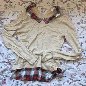J.Crew Cream Top with Red Flannel Collar and Hem